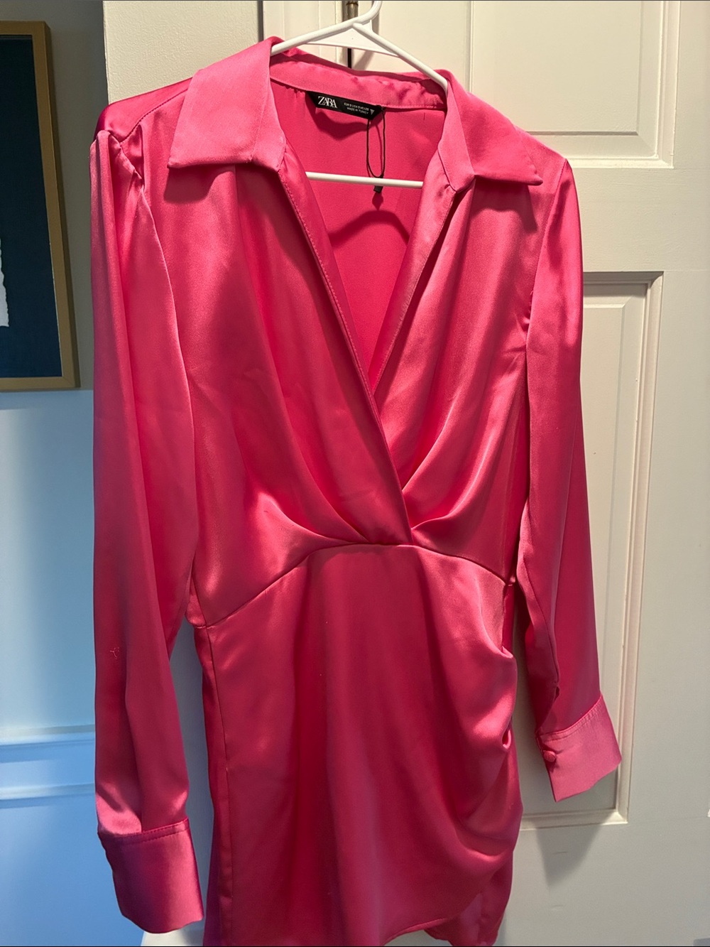Zara Satin Bright Pink Wrap-Front Mini Dress